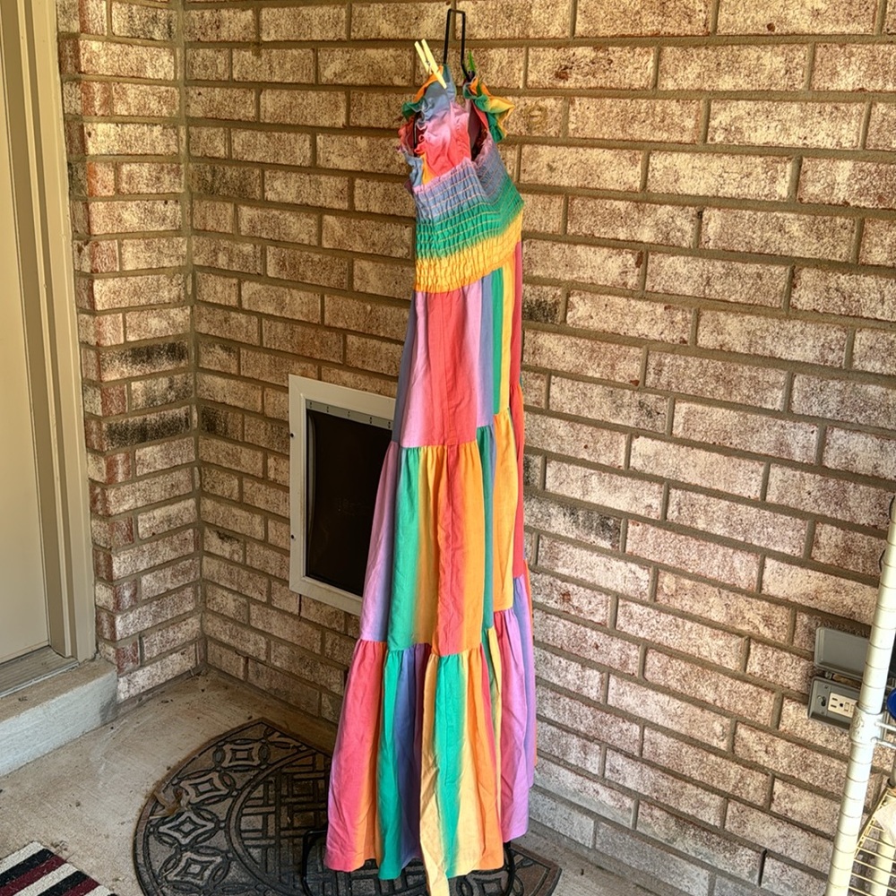 NOS Vintage Sz 14 Rainbow Dress Maxi USA Made Cotton Blend As Is Shoulde… - Picture 10 of 10